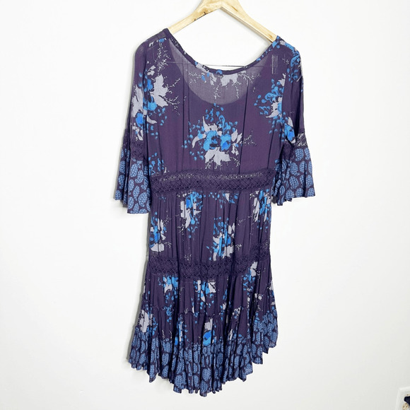 FREE PEOPLE Floral PURPLE pleated tiered boho mini dress womens XS - Picture 7 of 9